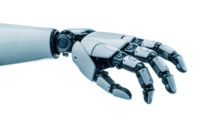 Advanced robotic hand with articulated fingers isolated on a transparent background