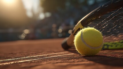 Tennis Ball And Racket On Clay Court During Match