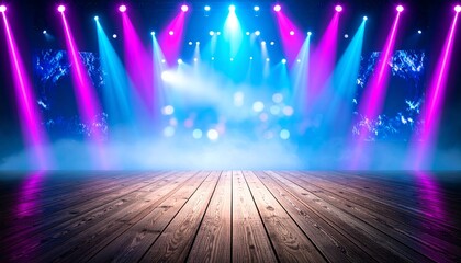 Cinematic music concert stage illuminated with multiple neon spotlights, glowing beams in pink and blue tones, artistic reflections on wooden floor, surreal performance background