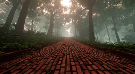 A sunlit path through a misty forest