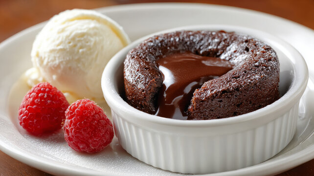 Molten chocolate lava cake with ice cream and raspberries.