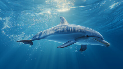 Naklejka premium Smiling dolphin gracefully swimming in clear blue ocean suitable for marine life publications, travel blogs, educational materials, and ocean conservation projects.