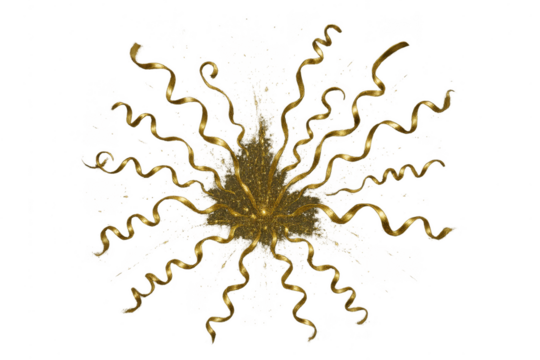 Golden abstract explosion, vibrant splatters, isolated on transparent background.