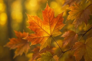 Obraz premium A vibrant orange and yellow maple leaf glows in the soft autumn sunlight against a blurry golden background.