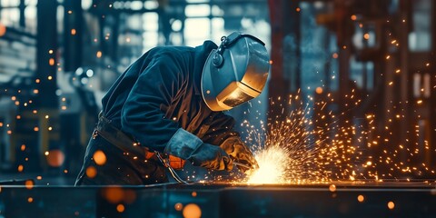 Skilled welder in protective gear creating sparks with intense focus in a manufacturing plant