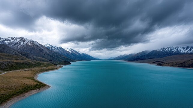 Majestic mountain lake under overcast sky with snow-capped peaks.