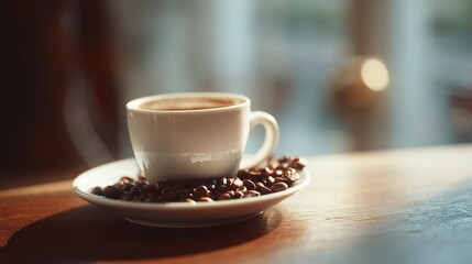 Fototapeta premium White Coffee Cup Surrounded by Coffee Beans, Minimalist Morning Scene