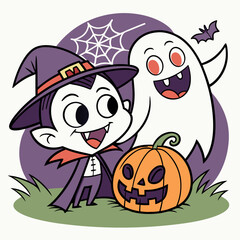 Cute cartoon vampire and ghost with jack o lantern and spider web for halloween