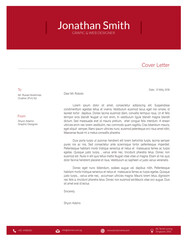 A cover letter template features a red header with white text, formal serif font, and a clean, professional layout with ample white space.
 Cover Letter.ai