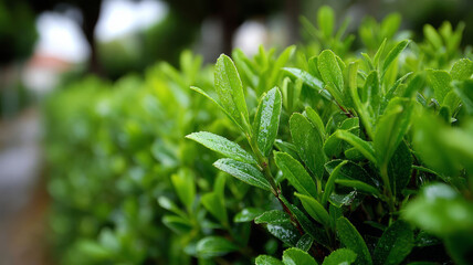 Obraz premium Close-up of vibrant green leaves with morning dew.