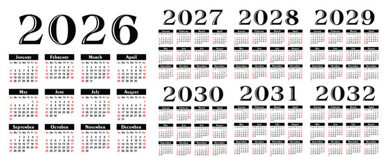 A set calendar templates for a year 2026 - 2032.
