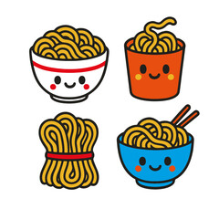 Adorable kawaii noodle cartoon vector illustration with happy smiling faces in bowls and cups. Perfect for food design, Japanese cuisine, Asian restaurant branding, kids menu decoration, and cute food