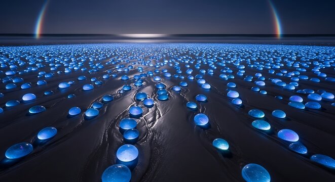Enchanting bioluminescent waves illuminate sandy shore under starry night sky with double rainbows