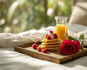 Romantic Breakfast In Bed With Pancakes Raspberries And Rose