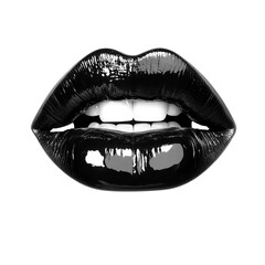 Fototapeta premium Close-up of glossy black lips with perfect makeup on transparent png background. Ai generated