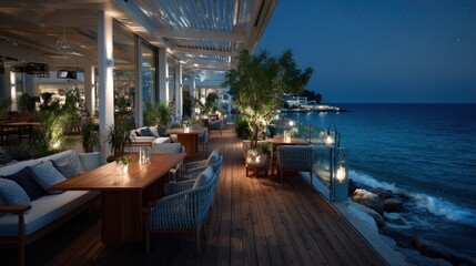 Fototapeta premium Elegant seaside restaurant terrace at night with atmospheric lighting and ocean view