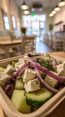 Greek Salad In Takeout Container In A Cafe