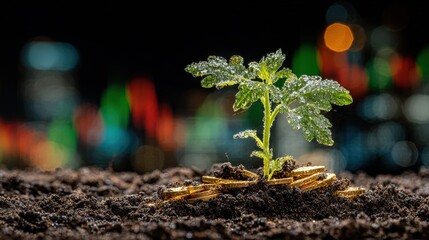 Sprout Growing From Coins In City Lights Background