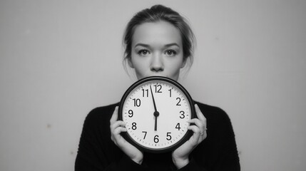A young woman holds a large clock close to her face, emphasizing the passage of time. The image is in black and white, creating a dramatic mood.