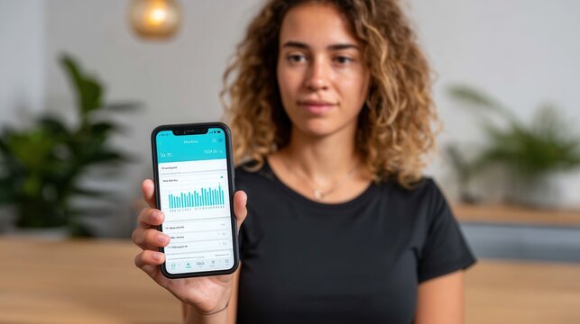 A young woman shows a smartphone displaying health data in a modern indoor setting. The mood is focused and health-oriented.