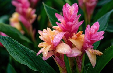 Fototapeta premium Pink and orange tropical flowers blooming in garden