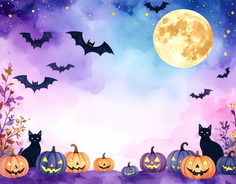 Pastel watercolor Halloween background with glowing full moon, bats, pumpkins, and elegant golden accents, dreamy and sophisticated illustration - Powered by Adobe