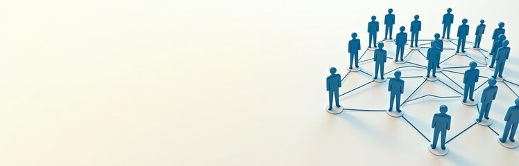 3D render illustration showing people connected in a network symbolizing teamwork and community. Blue figures linked on a clean white background with ample copy space, ideal for business concepts.