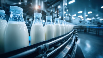Milk Bottles On Automated Conveyor Belt In Modern Dairy Plant