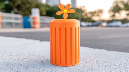 Bright Orange Traffic Bollard with Decorative Flower Topper on Urban Street