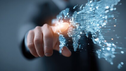 Businessman interacts with a digital world map, showcasing global connectivity