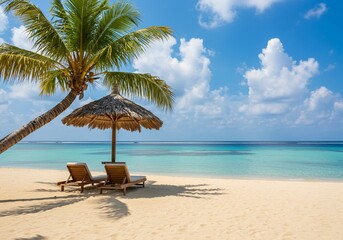 Obraz premium Tranquil Beach Scene with Palm Tree, Thatched Umbrella, and Lounge Chairs on White Sand