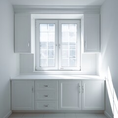 Bright and airy kitchen interior featuring white cabinetry, a large window allowing natural light, and a clean countertop, creating a spacious and inviting atmosphere for cooking