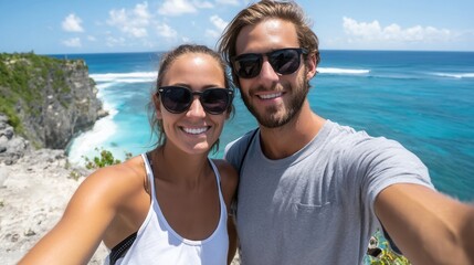A happy couple poses for a selfie on a cliff overlooking a beautiful ocean landscape. The scene captures a bright, sunny day with clear skies.