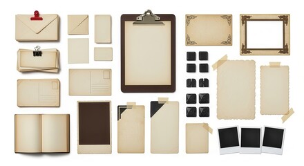Vintage scrapbook elements and stationery set isolated on white background