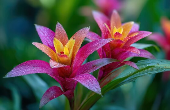 Colorful bromeliad flowers blooming in garden