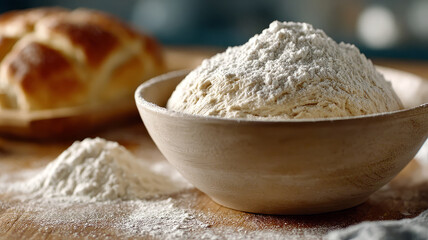 Rustic dough and flour in a bowl, ready for baking bread.