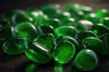 Close Up Of Shiny Green Gems On Dark Background