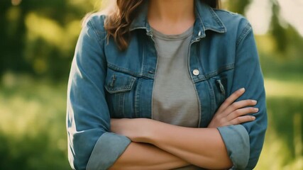 Confident woman standing outdoors with crossed arms wearing denim jacket on sunny day