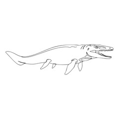 Vector line art of Mosasaurus marine reptile with fins and long body, prehistoric aquatic predator outline sketch for coloring and study