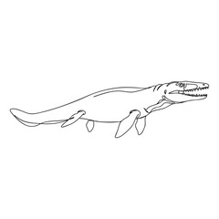 Obraz premium Vector line art illustration of Mosasaur aquatic reptile with fins and sharp teeth, profile outline drawing for educational purposes