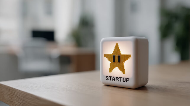 Pixel art star on block with 'STARTUP' text on desk. - Powered by Adobe