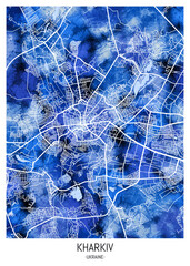 Kharkiv Ukraine City Map. Watercolor art downtown tourism, house art travel, scenic metropolis concept, travel art city, patriotic abstract banner, view office street
