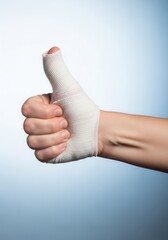 Injured hand with a bandaged thumb giving a thumbs up gesture of approval