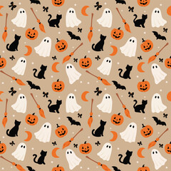 Cartoon pattern, Halloween theme, little ghost, black cat, carved pumpkin, witch broom, black bat, is a pattern that gives a fun Halloween atmosphere. Suitable for use as a fabric pattern
