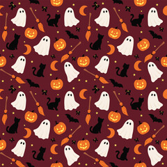 Cartoon pattern, Halloween theme, little ghost, black cat, carved pumpkin, witch broom, black bat, is a pattern that gives a fun Halloween atmosphere. Suitable for use as a fabric pattern