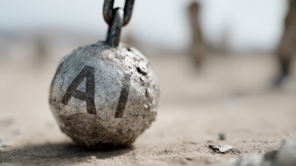 AI chain ball symbolizing technology's burden in desert.