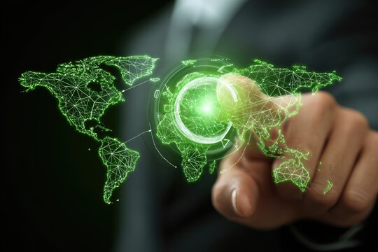 Hand interacting with a holographic world map