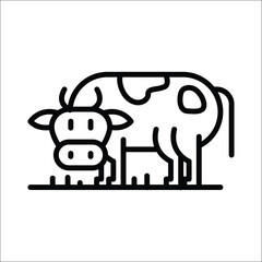 Black  white line drawing a stylized cow grazes in a field featuring minimal design and simplistic shapes