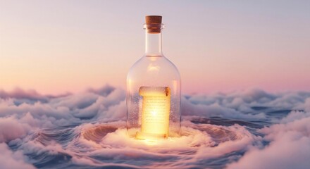 Obraz premium A Message from a Dream: A Glowing Note in a Bottle Adrift on a Pastel Cloud Sea