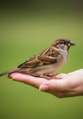 Sparrow bird perched on a human hand against green background